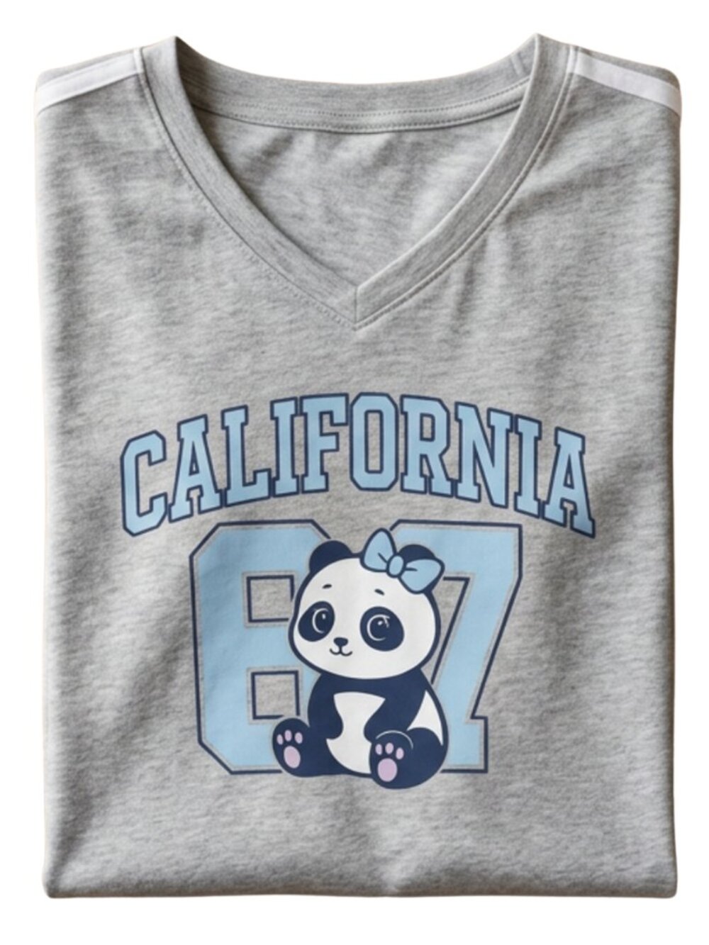 California 87 Panda Graphic Tee Women's Gray V-Neck Short Sleeve T-Shirt S-XL